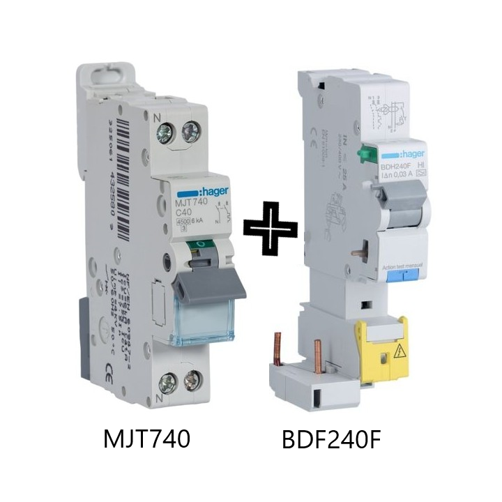 Hager - Disjoncteur 40A courbe C avec Bloc différentiel 40A type F - Réf : BDF240F + MJT740