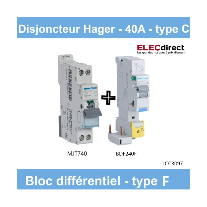 Hager - Disjoncteur 40A courbe C avec Bloc différentiel 40A type F - Réf : BDF240F + MJT740