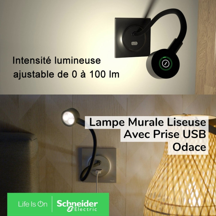Schneider Odace - liseuse - avec prise USB-A - 2,1A - anthracite - Réf : S540002