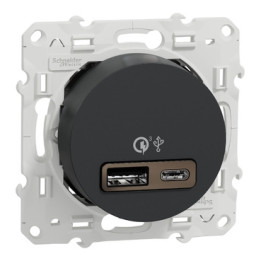 Schneider - Odace - prise USB double - charge rapide - type A+C - Anthracite - 18W - 3,4A - Réf.: S540219