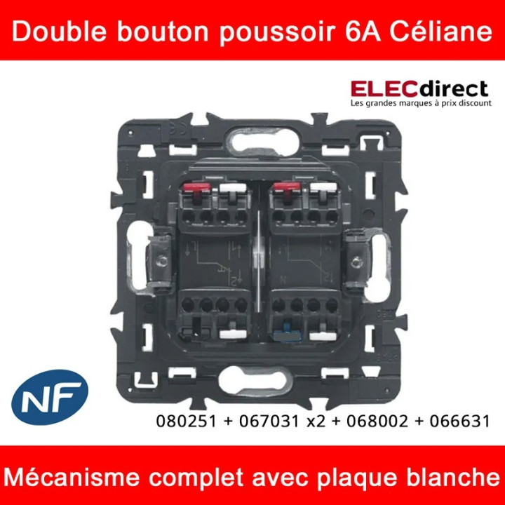 Legrand Céliane - Double bouton poussoir complet blanc 1 poste - Réf : 080251 + 067031 x2 + 068002 + 066631