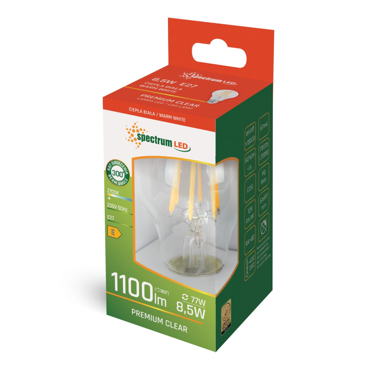 Spectrum - Ampoule - LED E27 GLS 8,5W COG - Angle 300° - 2700K - 1100lm - Réf : WOJ+14595