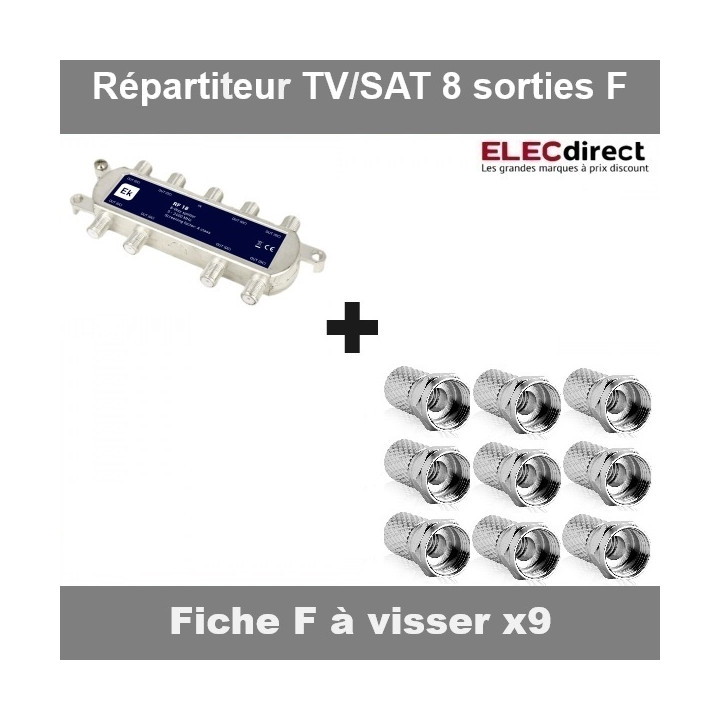 Répartiteur TV/SAT 8 sorties F et 9 fiches TV à visser