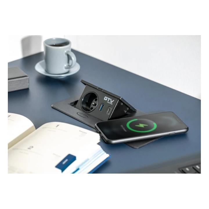 GTV Lighting - Bloc prise à encastrer AVARO - chargeur induction - 1 prise - 2 USB - Aluminium - Réf.: AE-PB1FAVAP-53