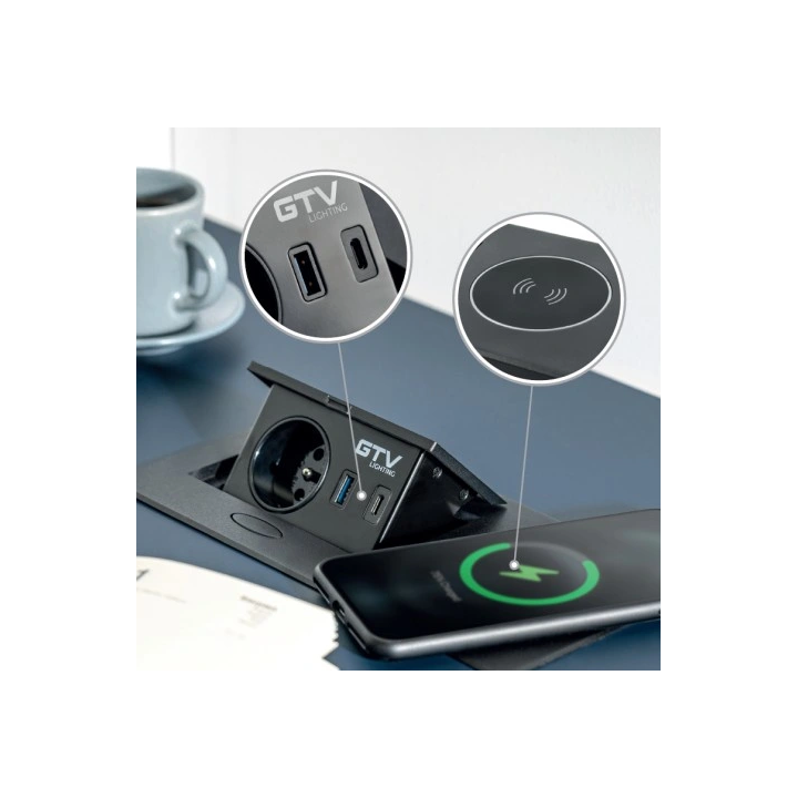 GTV Lighting - Bloc prise à encastrer AVARO - chargeur induction - 1 prise - 2 USB - Aluminium - Réf.: AE-PB1FAVAP-53