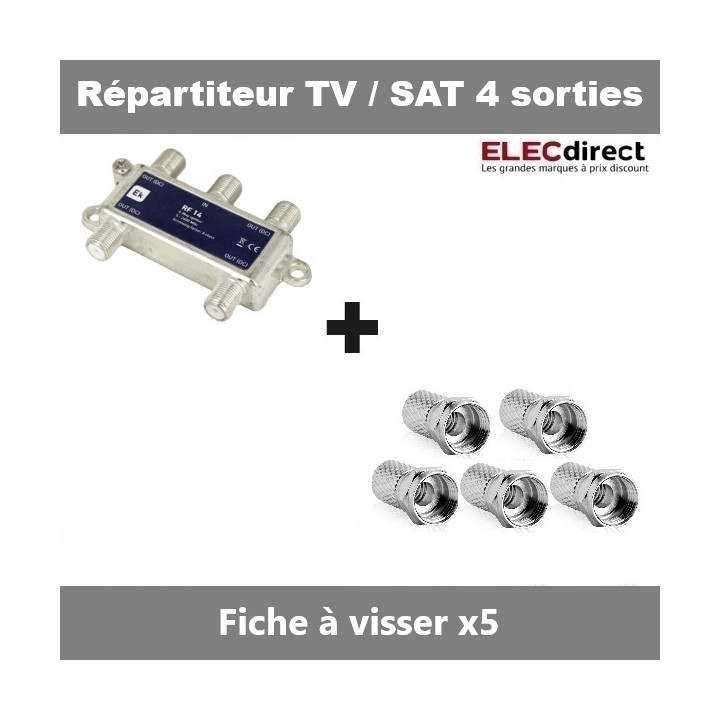 Répartiteur TV/SAT 4 sorties F et 5 fiches TV à visser