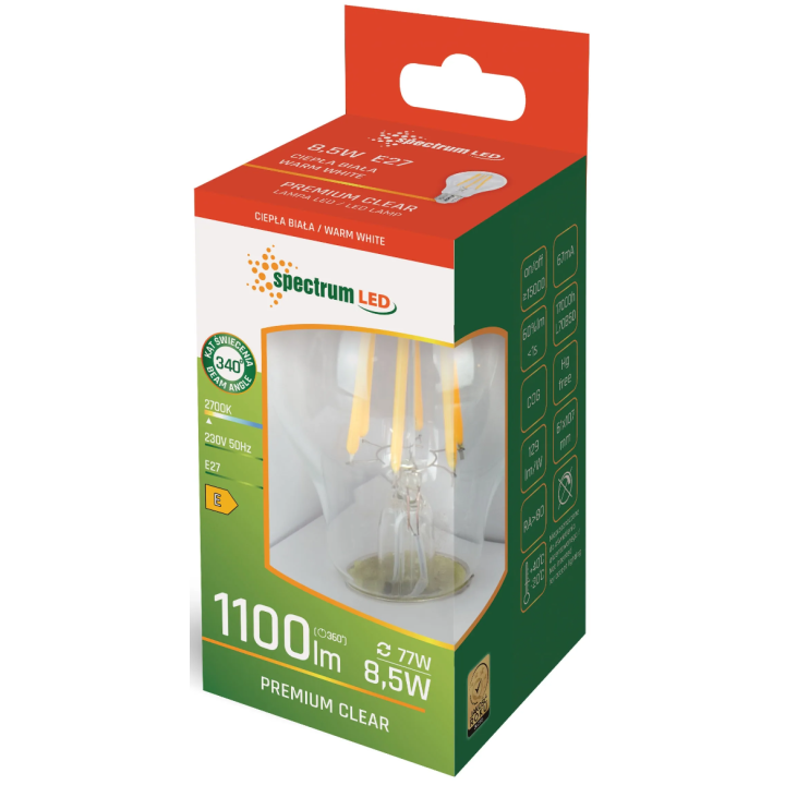 Spectrum - Ampoule - LED E27 GLS 8,5W COG - Angle 300° - 2700K - 1100lm - Réf : WOJ+14595