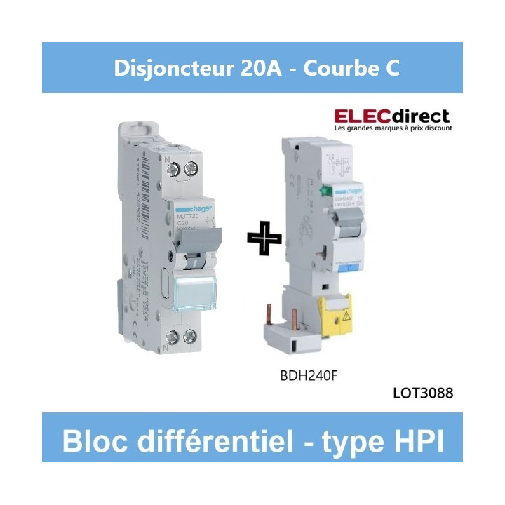 Hager - Disjoncteur 20A courbe C avec Bloc différentiel 40A type HPI - Réf : BDF240F + MJT720