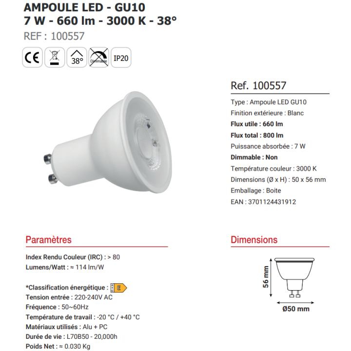Miidex - Lampe LED 7W - GU10 - 3000K - 660Lm - Réf : 100557