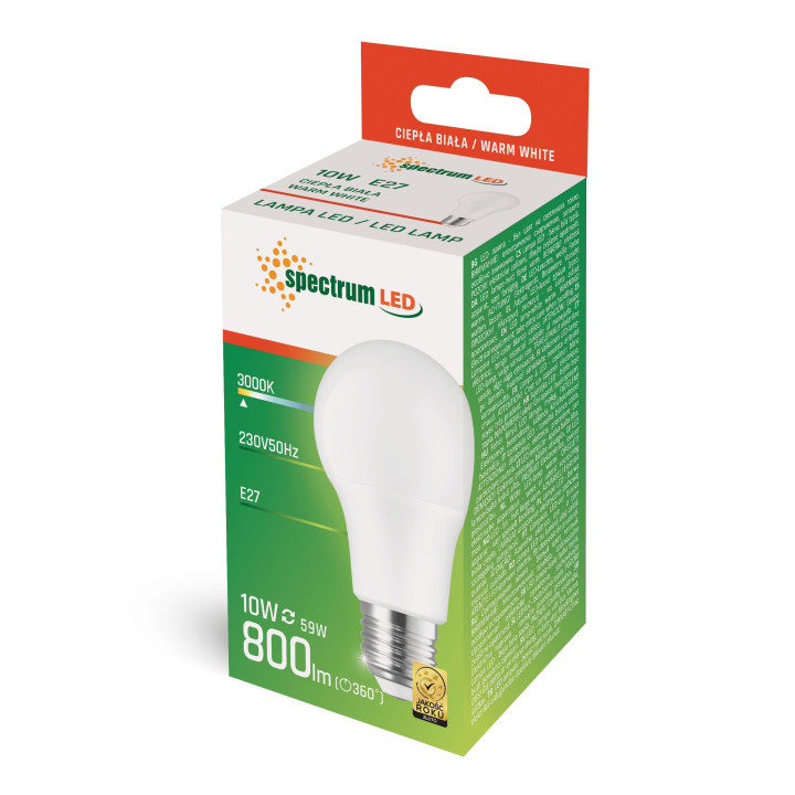 Spectrum - Ampoule LED E-27 - LED GLS 10W -  A+ - Angle 270° - 3000K - 800lm - Réf : WOJ+13902