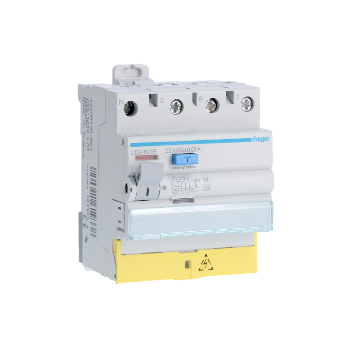 HAGER - Inter dif - 3P+N 25A - 30mA - type A HI - à bornes décalées - Réf : CDH825F