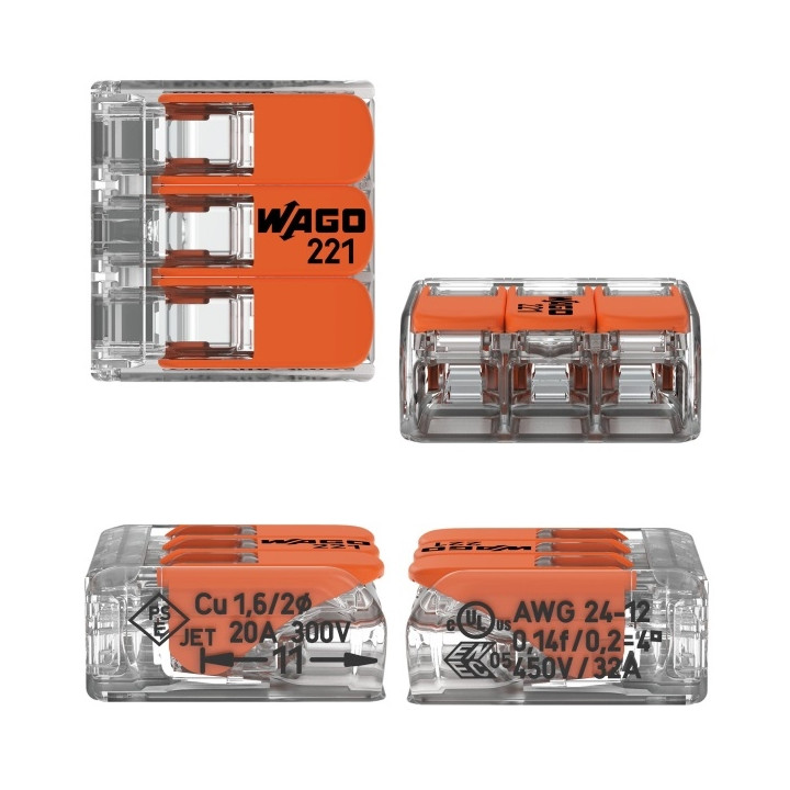 WAGO - Boîte de 50 Bornes auto fils Souple / Rigide 3 x (0.08 à 4mm2) - Réf.: WAG 221-413