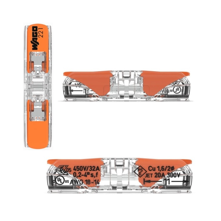 Wago - Boîte de 60 Bornes auto fils souples/rigides x 1 (0,2 à 4 mm2) - Réf.: 221-2411