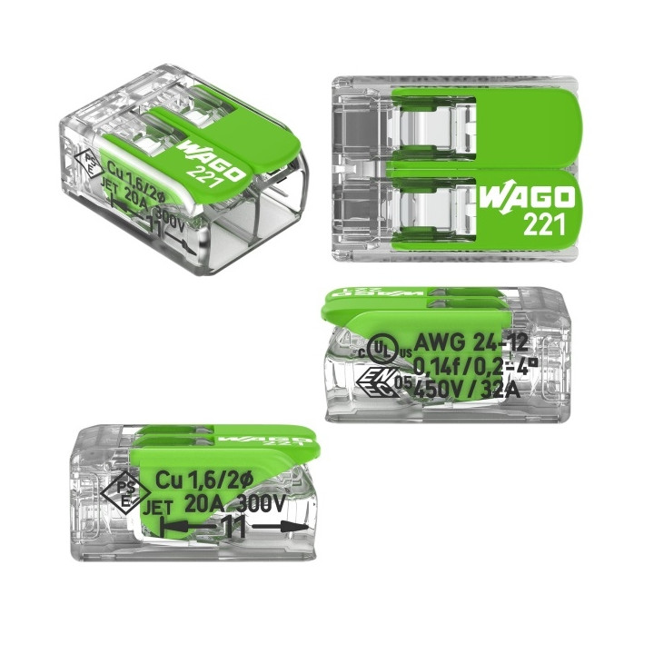 WAGO - Boîte de 100 Bornes Verte auto fils souple et rigide 0,2 à 4mm2 - Réf.: WAG 221-422