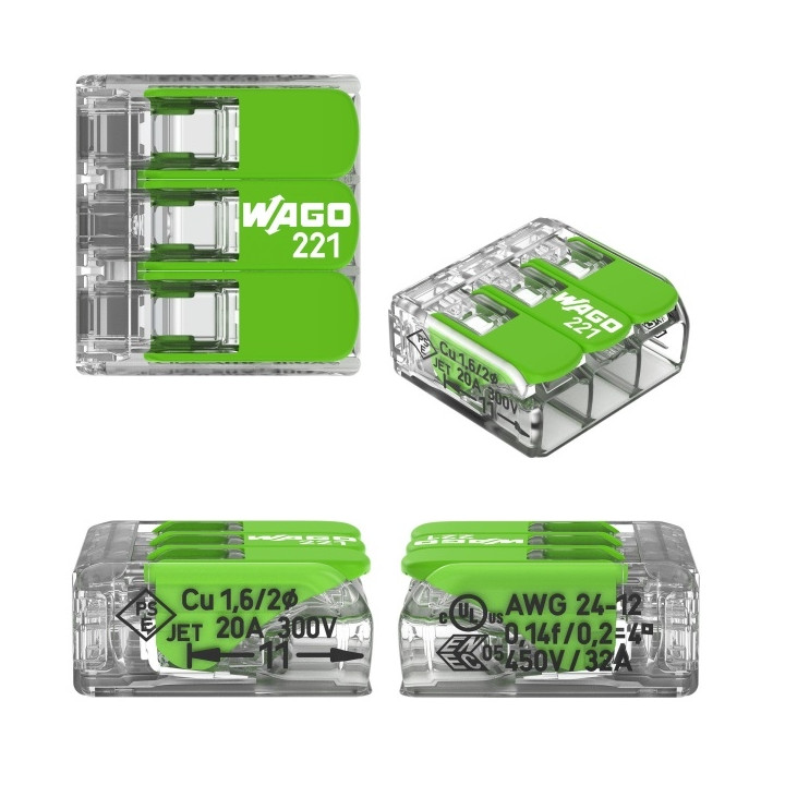 WAGO - Boîte de 50 Bornes Verte auto fils souple et rigide 0,2 à 4mm2 - Réf.: WAG 221-423