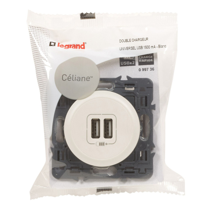 Legrand - Céliane - Prise double USB Céliane Type-A 3A 15W - Blanc : Réf 099736