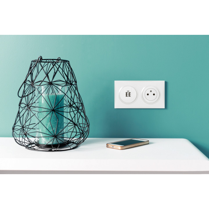 Legrand Dooxie - Prise de courant 2P+T 16A + double USB + plaque - Blanc - 600335+600343+600802