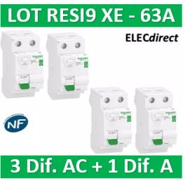 SCHNEIDER - LOT de 4 inter dif. XE - (3-ID 2x63A 30mA AC/1 - ID 2x63A 30mA A) R9ERC263x3+R9ERA263
