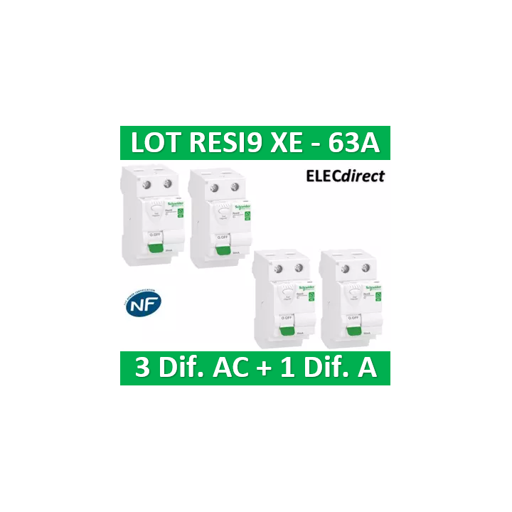 SCHNEIDER - LOT de 4 inter dif. XE - (3-ID 2x63A 30mA AC/1 - ID 2x63A 30mA A) R9ERC263x3+R9ERA263