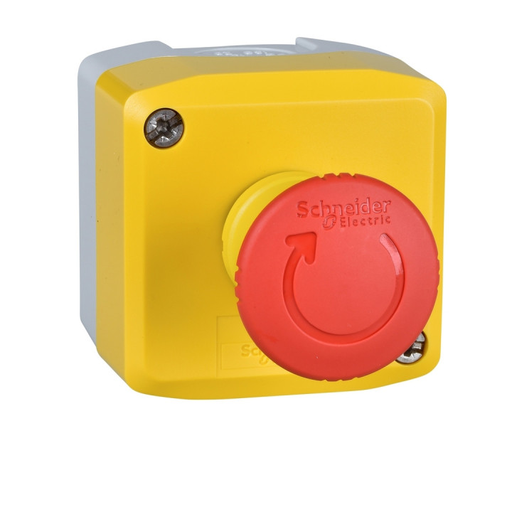 Schneider - boite jaune arrêt urgence rouge - pousser tourner - 1NF au repos - Ø40 - XALK178