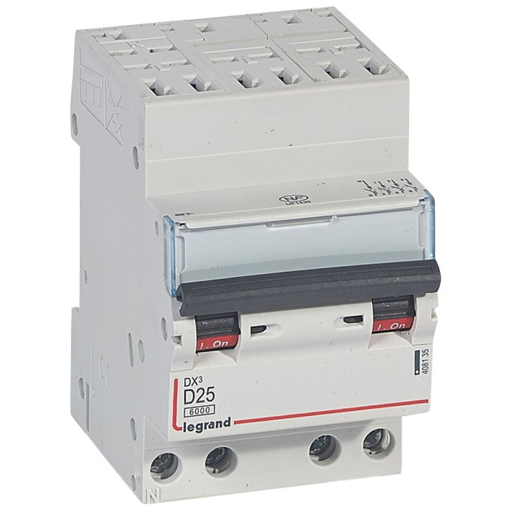 Legrand - Disjoncteur DX³ 6000-auto/vis-4P-400V~-25A-10kA-courbe D-peigne HX³ opti 4P - 3M - 408135