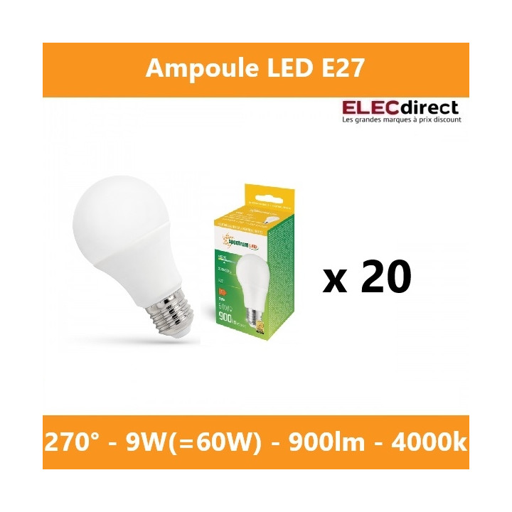 Spectrum - LOT de 20 Ampoules LED E-27 - Angle 270° - 4000K - 900lm - Réf.: WOJ+14611