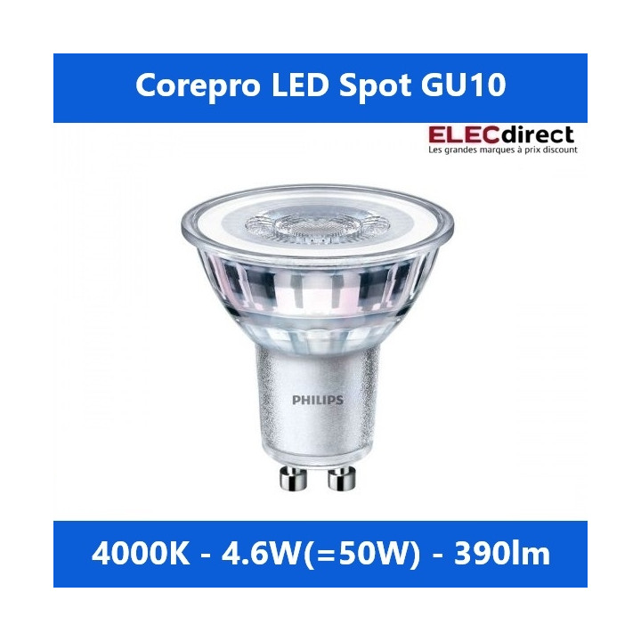 Philips - Corepro LEDspot GU10 4000k 4.6W - 390lm - 36D - 840 - PAR 16 - Réf : 728390