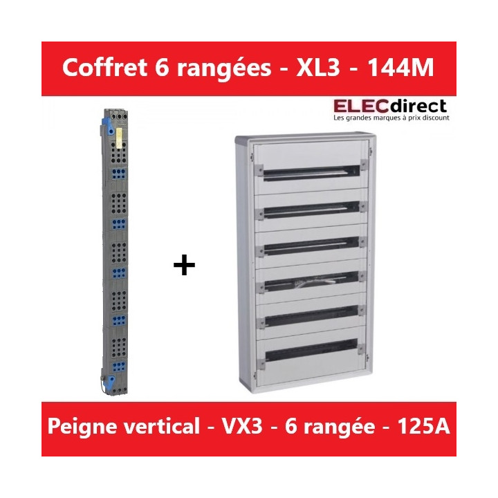 Legrand - Coffret XL3 160 - 6 rangées - 144 modules + peigne vertical tétra 4P - VX3 125A - 401806+405036