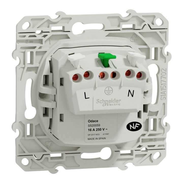 Schneider - Prise de courant Odace - Blanc - 2P+T - 16A - 250V - Bornes auto - Réf : S520059