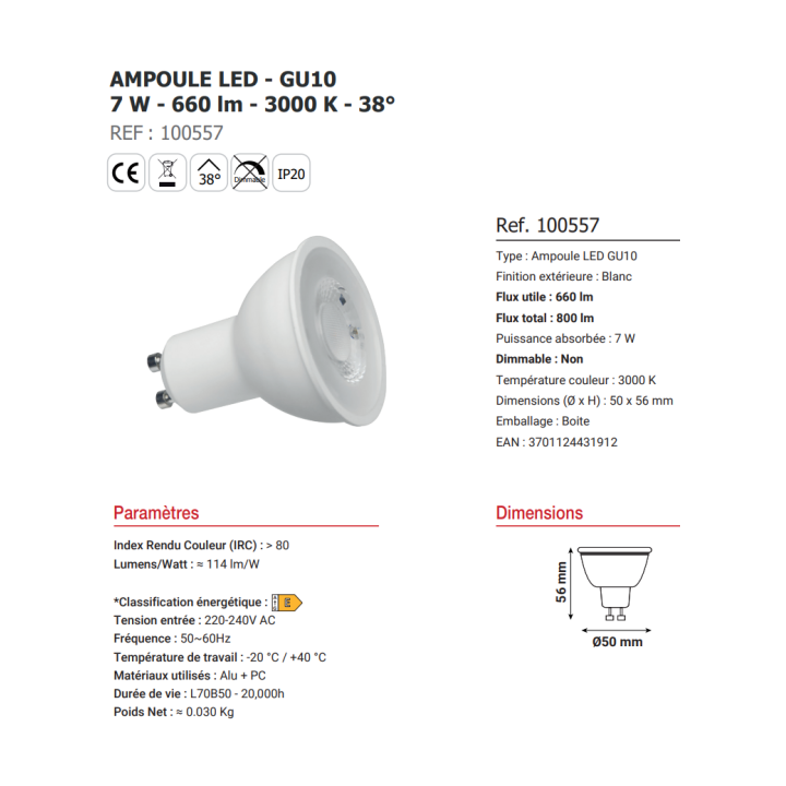 Miidex - Kit spot encastré BBC Fixe blanc 7W - 3000K - NON dimmable - Réf : 7718 + 100557