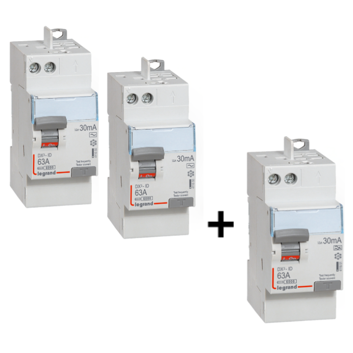 LEGRAND - LOT de 3 inter différentiels DX3 - (2 - ID 2x63A 30mA AC - ID 2x63A 30mA A) 411650x2 + 411651