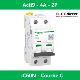 Schneider - Acti9 - IC60N - Disjoncteur - 2P - 4A - 6kA - courbe C - Réf : A9F74204