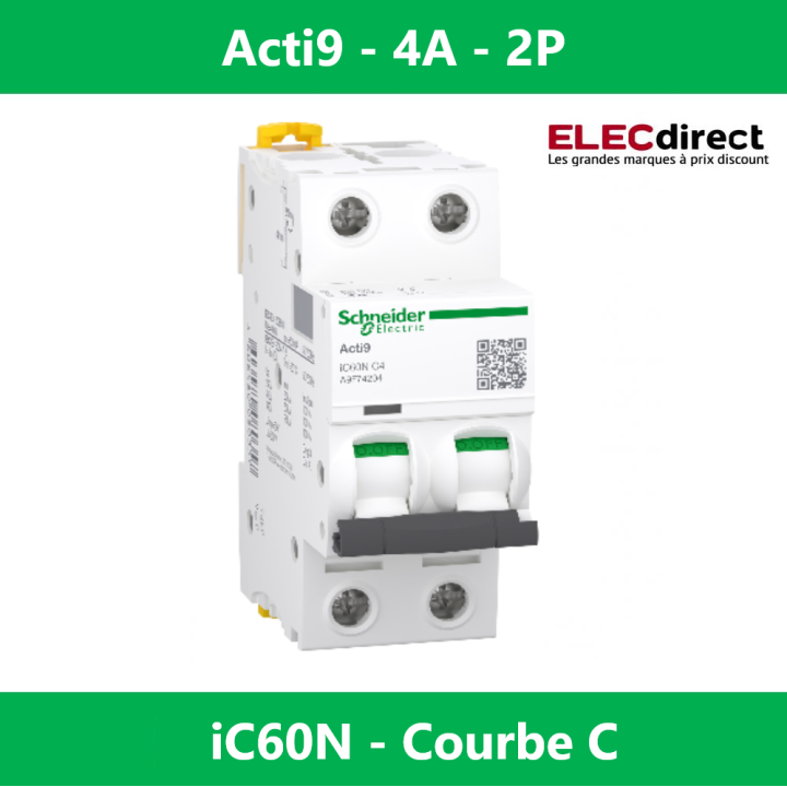 Schneider - Acti9 - IC60N - Disjoncteur - 2P - 4A - 6kA - courbe C - Réf : A9F74204