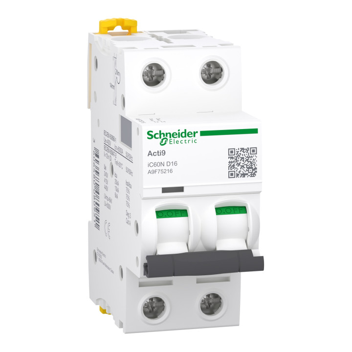 Schneider - Acti9 - iC60N - Disjoncteur - 2P - 16A - 6kA - courbe D -  Réf : A9F75216