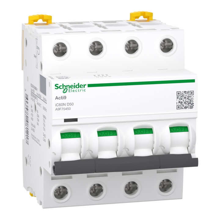 Schneider - Acti9 - iC60N - Disjoncteur - 4P - 50A - 6kA - courbe D - Réf : A9F75450