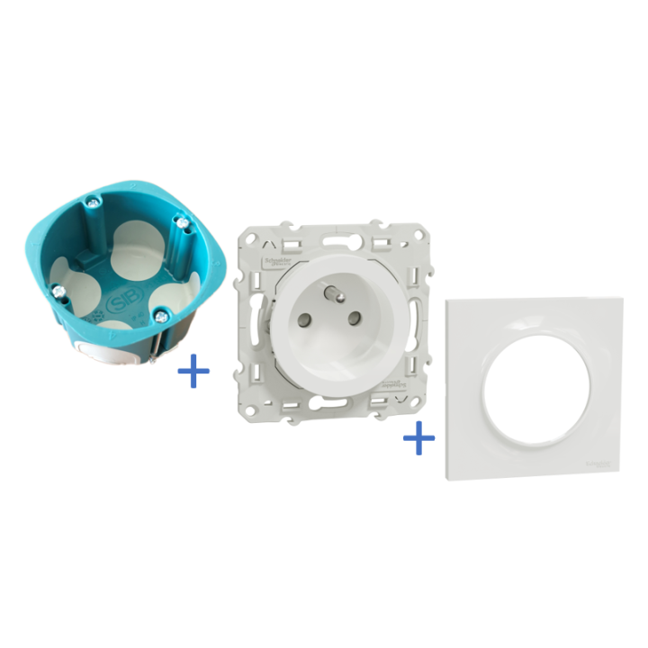 Schneider Odace - Prise + plaque + boîte d'encastrement SIB BBC - S520059+S520702+P36840