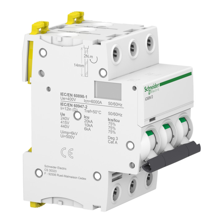 Schneider - Acti9 - iC60N - Disjoncteur - 3P - 16A - 6kA - courbe D - Réf : A9F75316