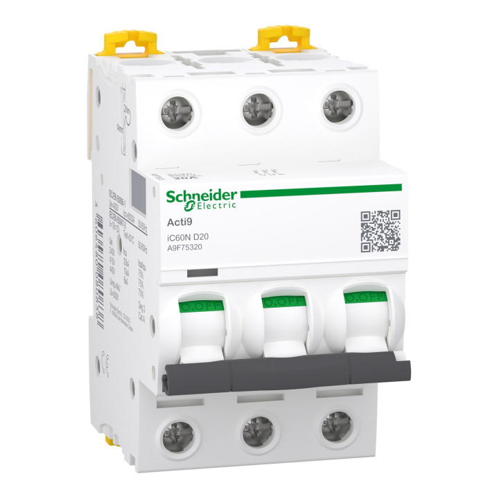 Schneider - Acti9 - iC60N - Disjoncteur - 3P - 20A - 6kA - courbe D - Réf : A9F75320