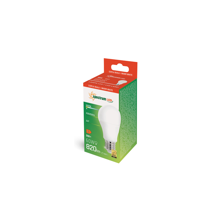 Spectrum - Ampoule LED E-27 - LED GLS 9W - Angle 270° - 3000K - 900lm - Réf : WOJ+14610