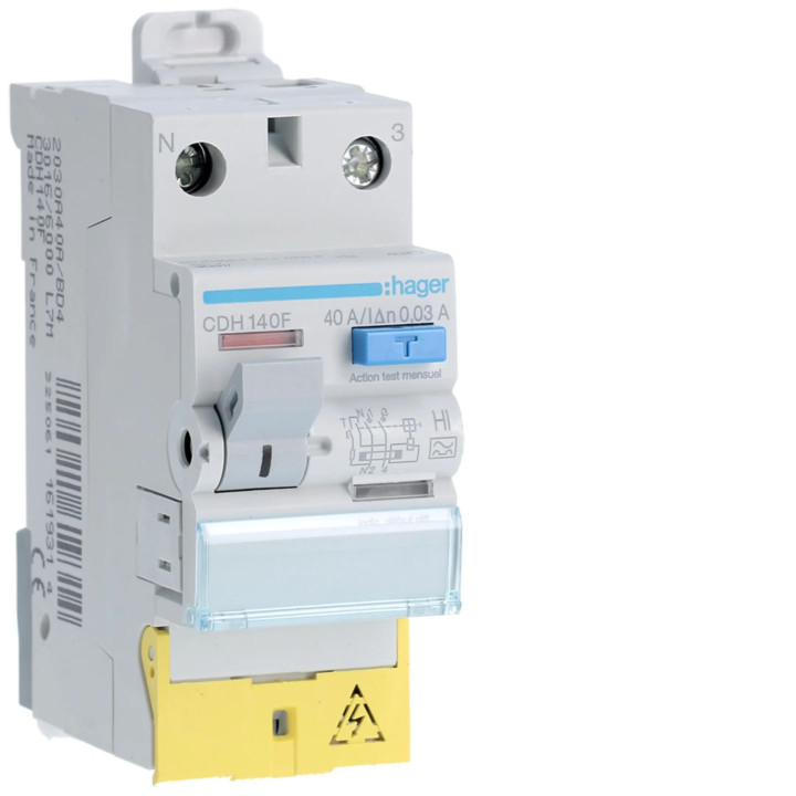 Hager - Interrupteur Différentiel Type HI -1P+N - 40A - 30mA - BD - Réf : CDH140F
