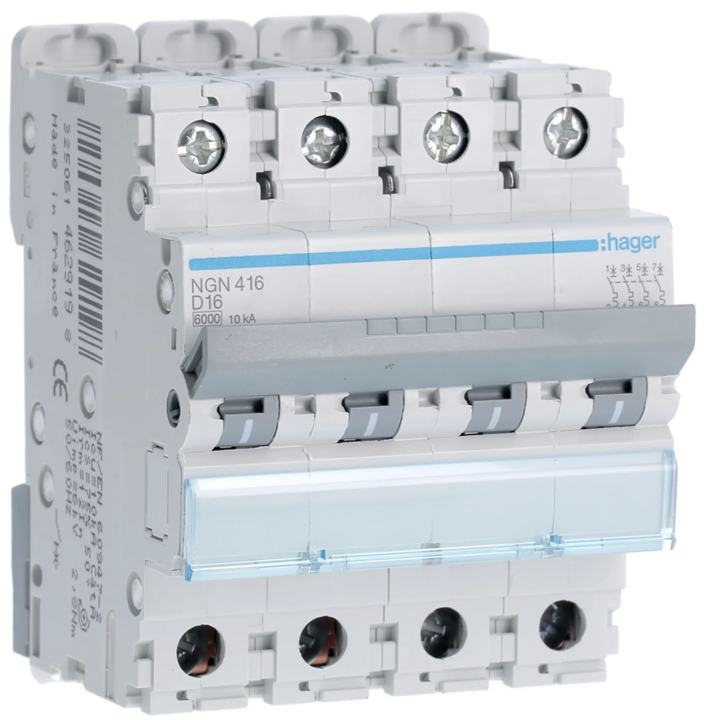 Hager - Disjoncteur 4P 6/10kA Courbe D  -16A 4M - Réf : NGN416