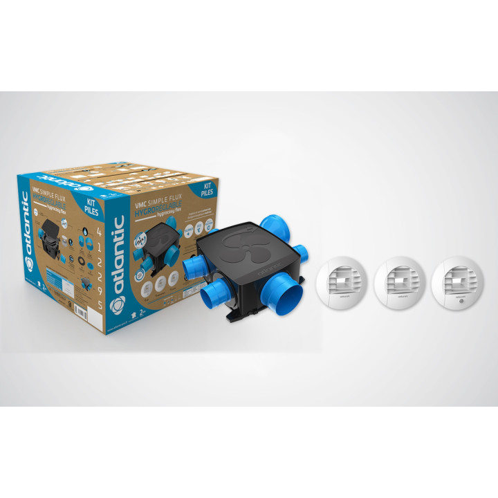 Atlantic - Kit VMC Hygrocosy Flex - Simple flux hygroréglable 4 sanitaires + 3 bouches (2 à piles) - 247m³/h - Réf : 412295