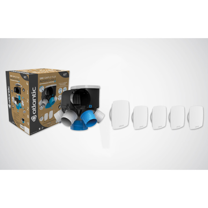 Atlantic - Kit VMC Autocosy iH - Simple flux intelligente 6 sanitaires + 5 bouches fixes Line plates - 230m³/h - Réf : 412289