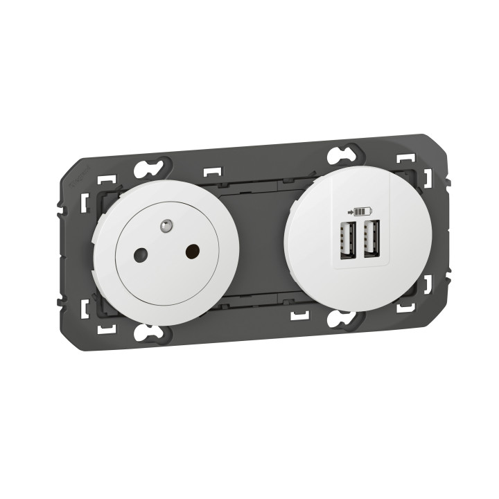 Legrand - Dooxie - LOT Prise de courant 2P+T Surface + chargeur 2 USB Type-A 3A précâblés + plaque - Réf : 600342+600802