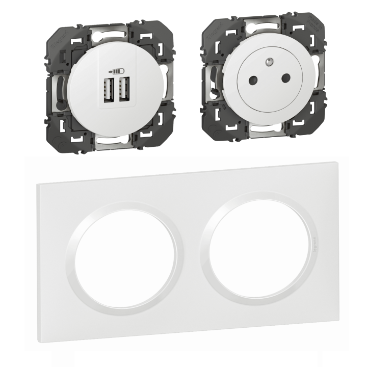 Legrand Dooxie - Prise de courant 2P+T 16A + double USB + plaque - Blanc - 600335+600343+600802
