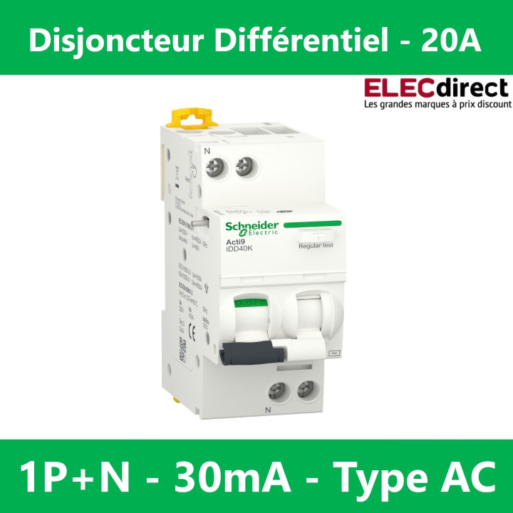 Schneider - Acti9 - iDD40K - Disj diff - 20A - 1P+N - type AC - 4,5kA - 30mA - Réf : A9DK1620