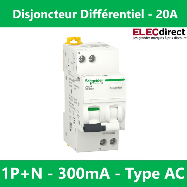 Schneider - Acti9 - iDD40K - Disj diff - 20A - 1P+N - type AC - 4,5kA - 300mA - Réf : A9DK5620