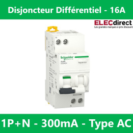 Schneider - Acti9 - iDD40K - Disj diff - 16A - 1P+N - type AC - 4,5kA - 300mA - Réf : A9DK5616