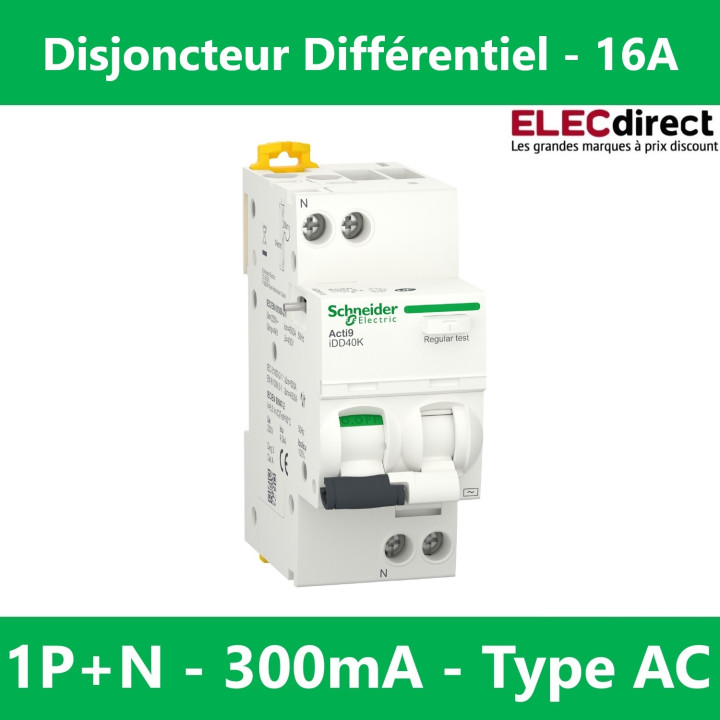 Schneider - Acti9 - iDD40K - Disj diff - 16A - 1P+N - type AC - 4,5kA - 300mA - Réf : A9DK5616