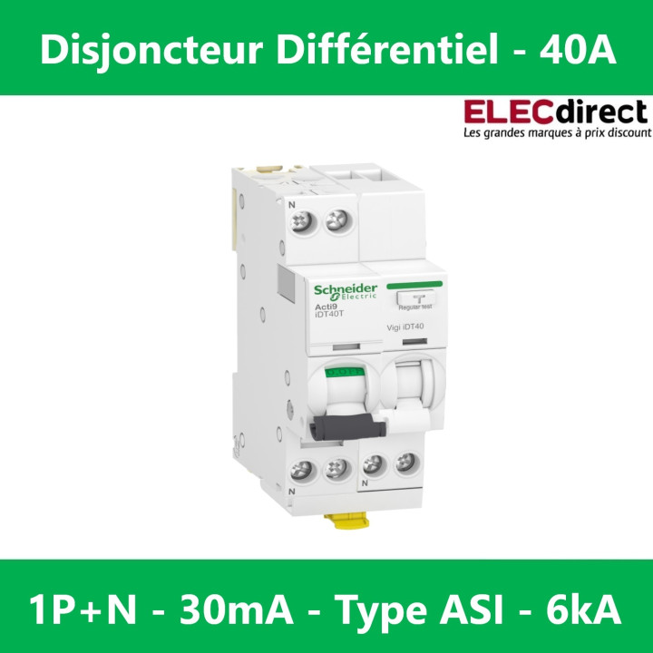 Schneider - Acti9 iDT40 - LOT Disjoncteur 40A courbe C + Bloc Vigi 40A 30mA type ASI - Réf : A9P22640 + A9Y64640